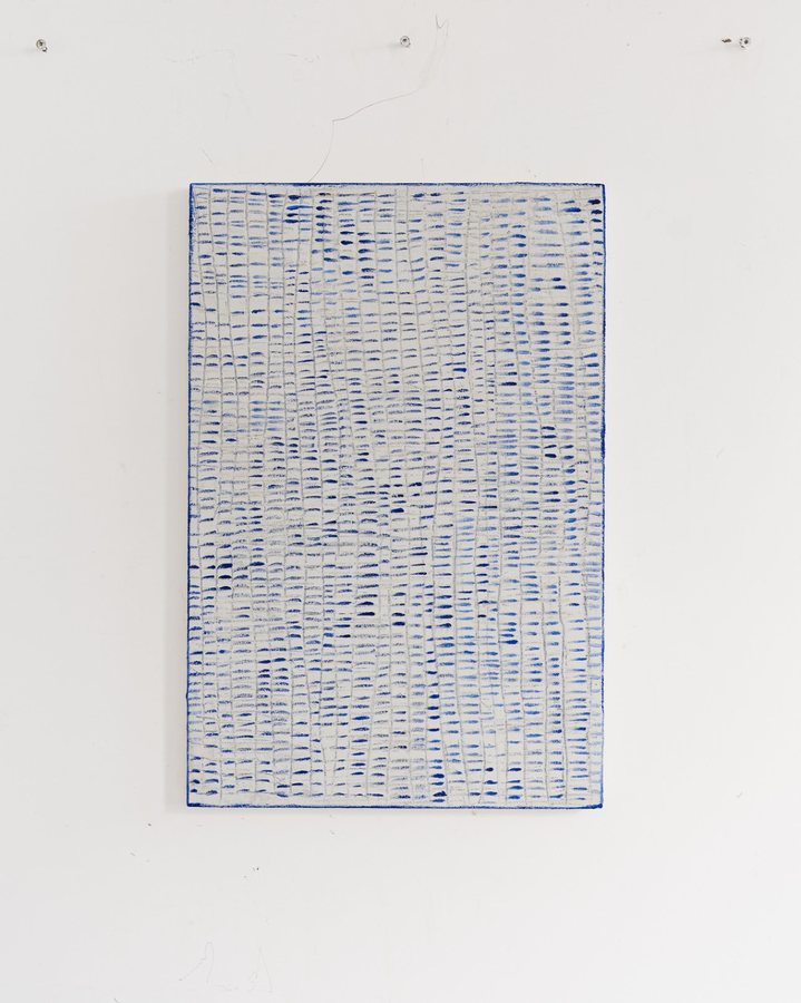A blue eyed boy, 2026, Lime paint | tarlatan | acrylics | wooden panel