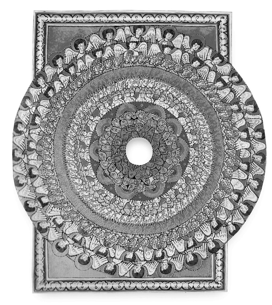 Circular mandala of faces and angels